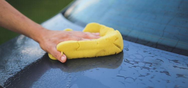 Hand som håller i en tvättsvamp och tvättar motorhuven på en bil